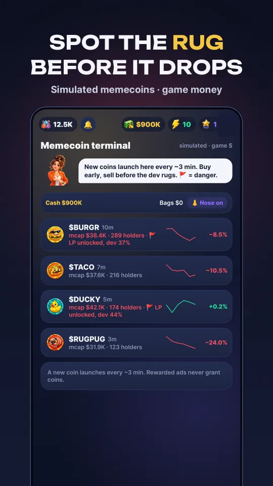 Spot the rug in the simulated memecoin terminal